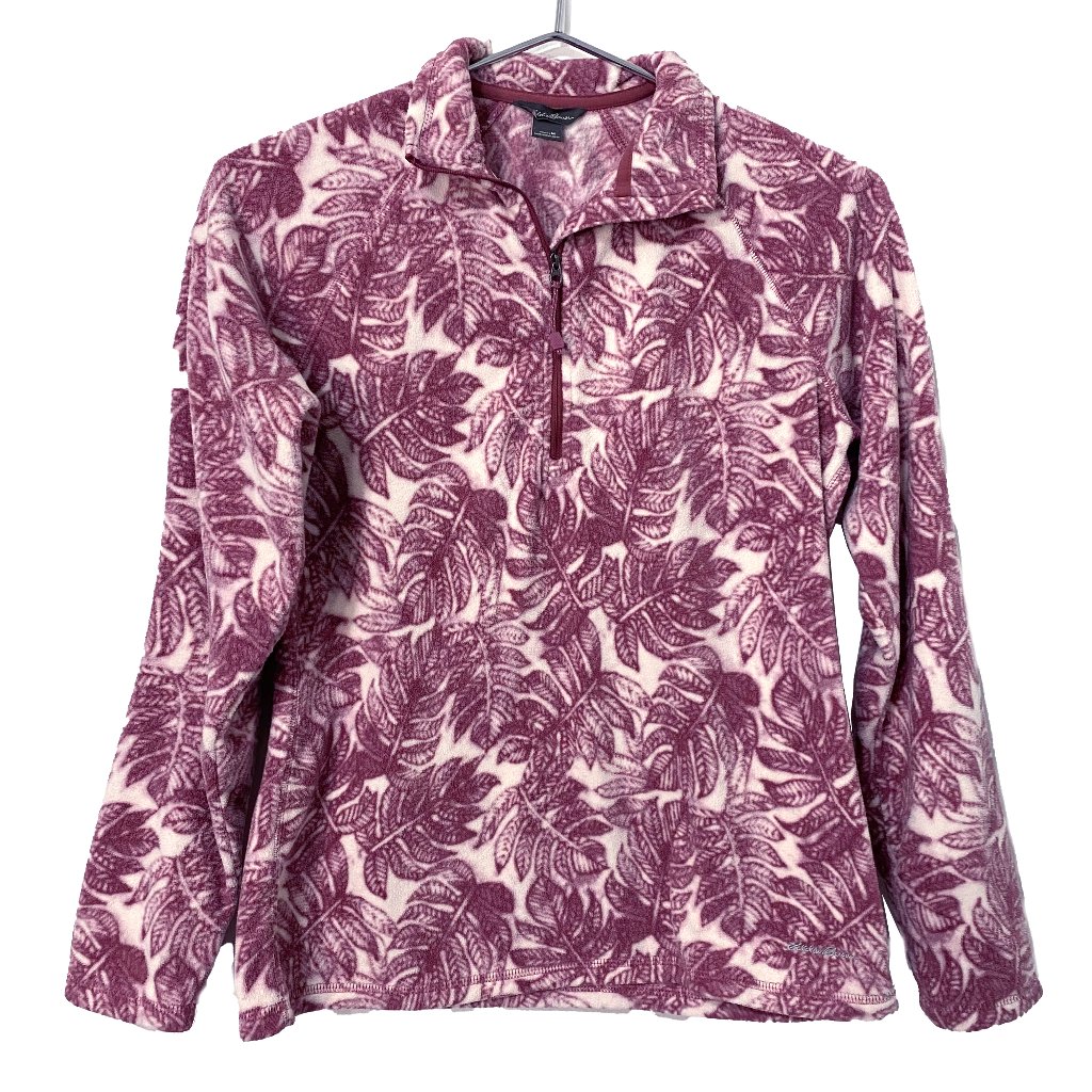 Eddie Bauer Pink And White Leaf Patterned Pullover Quarter Zip Fleece Sweatshirt